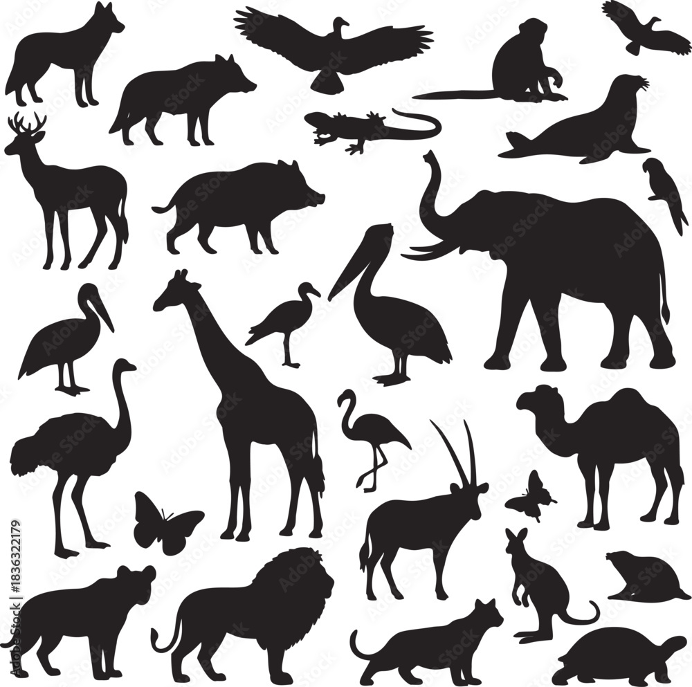 Naklejka premium large collection of diverse animal silhouettes featuring wildlife species in various standing poses