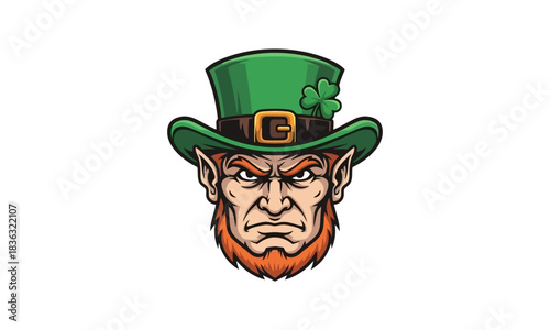 Intense leprechaun illustration, featuring a determined facial expression, fiery red beard, and a green top hat with a lucky shamrock, embodying Irish folklore