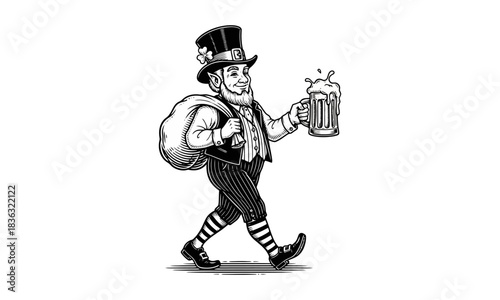 Whimsical bearded figure in traditional striped attire and top hat, walking merrily with a full sack and a frothy mug of ale, embodying celebration and good fortune