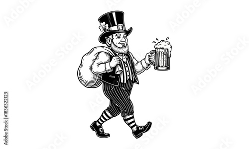 A cheerful leprechaun walking with a sack of coins and a frothy mug of beer, celebrating Irish culture