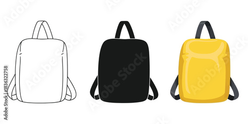 Set of three backpack icons showing outline, solid black silhouette, and colored yellow illustration