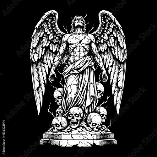 Dark Angel Statue Surrounded by Skulls and Grim Reapers.