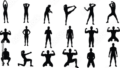 Dynamic human silhouettes, body movement, physical pose, gesture variety, fitness icon, martial arts stance, stretching motion, squatting figure, anatomy study, 