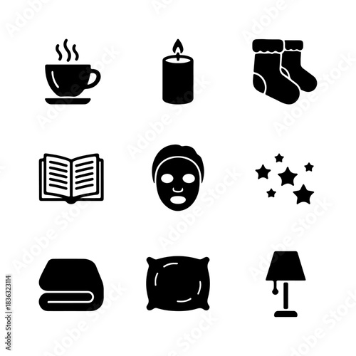 A minimal, black and white icon set featuring 9 silhouettes representing a cozy self-care night routine, including a warm drink, candle, cozy socks, book, face mask, stars, blanket, pillow, and lamp.
