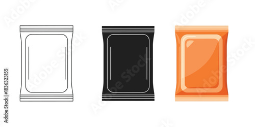 Set of three flexible packaging mockups including outline, solid black silhouette, and glossy orange color variations for product presentation