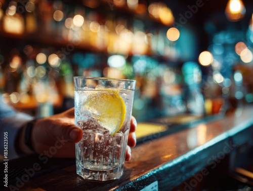 Wallpaper Mural Hand holding a glass of sparkling water with lemon at the bar, illustrating the choice for non-alcoholic drinks during Dry January Torontodigital.ca