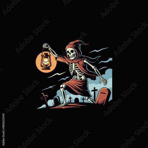 Skeleton Grim Reaper Holding Lantern in Graveyard.