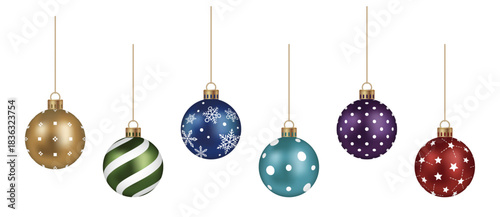 Set of Realistic Christmas Ornaments Hanging Balls Vector Illustration