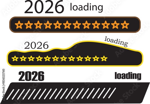 2026 loading. bar with stars vector illustration.2026 rocket loading bar doodle  icon with firecracker and pointed tip, new year countdown download symbol,