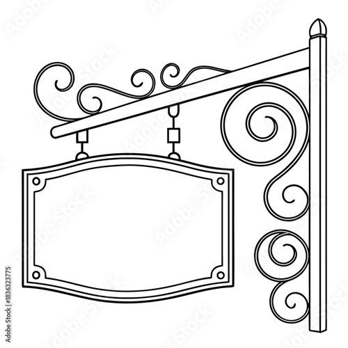 Ornate wrought iron sign with blank rectangular display and decorative scrollwork design element