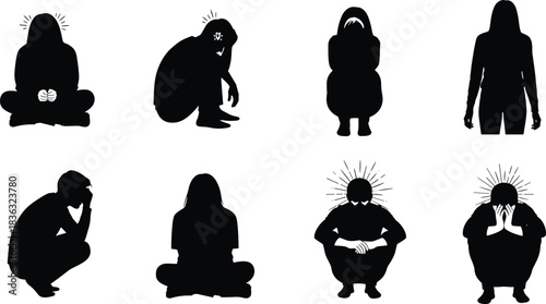 Emotional distress silhouettes, mental health pose, anxiety posture, stress icon, seated figure, crouched gesture, psychological tension, 