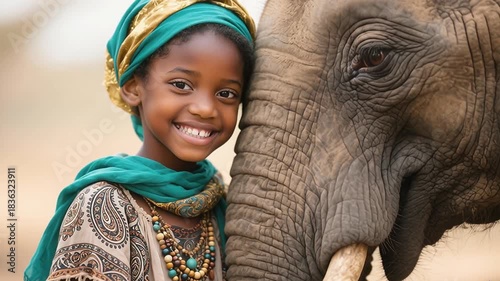 Young girl standing beside a baby elephant, sharing a gentle moment of connection, captured in soft natural light with warm tones, emotional expression, and a calm, heartwarming atmosphere.