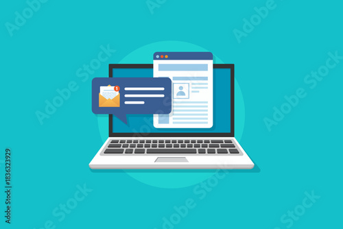 vector illustration of Laptop With Email Notification And Document On Screen, Modern Digital Office Concept.