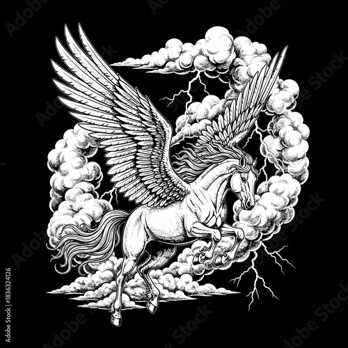 Majestic Pegasus Horse Flying Through Stormy Clouds.