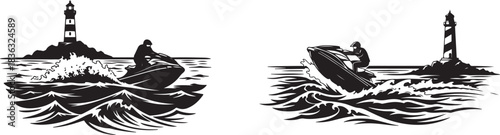 Jet Ski Rider with Lighthouse Vector Illustration. Dynamic jet ski rider and lighthouse on a wavy ocean silhouette