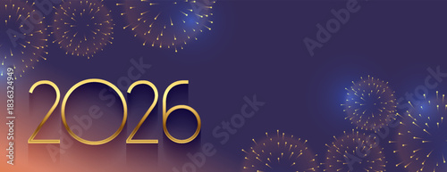 2026 golden text new year festive banner with golden firework