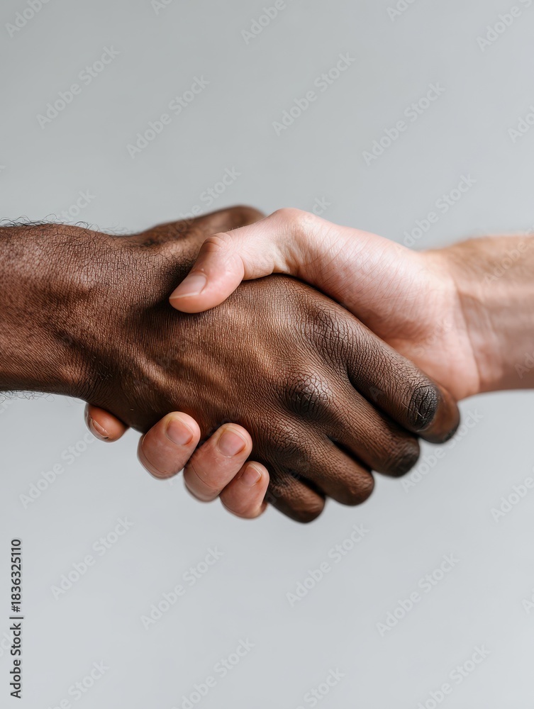 Fototapeta premium two people from different cultures exchanging handshake against minimalist office background