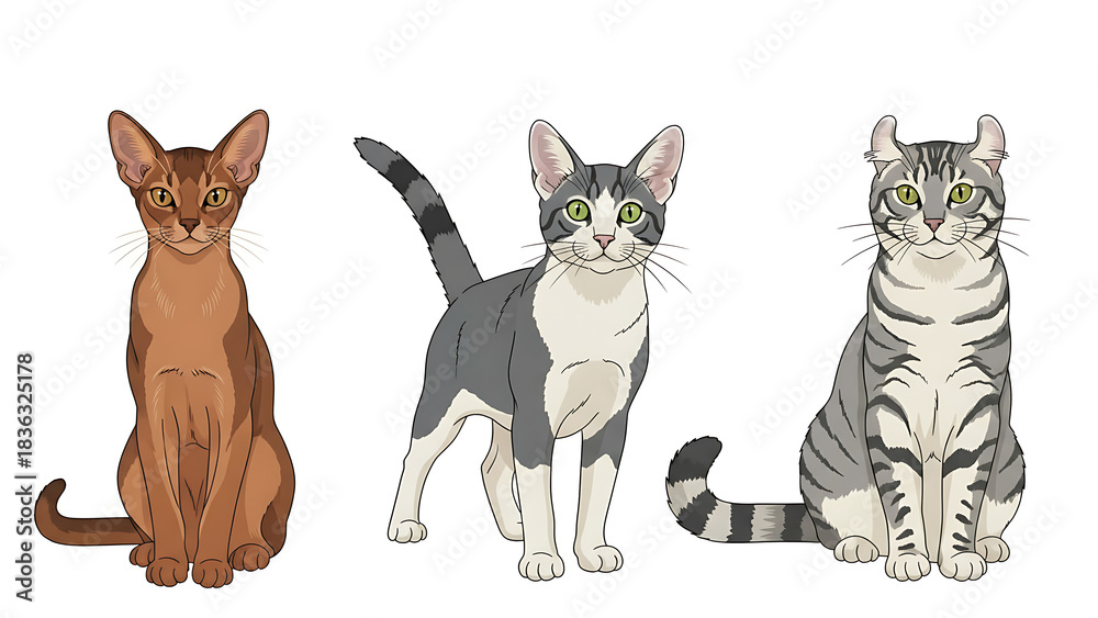 Obraz premium Cat Breed Vector Set – Abyssinian, American Bobtail, and American Curl on White Background