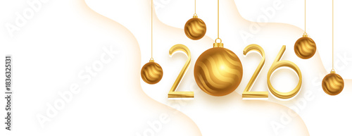 2026 new year wishes banner with hanging xmas baubles