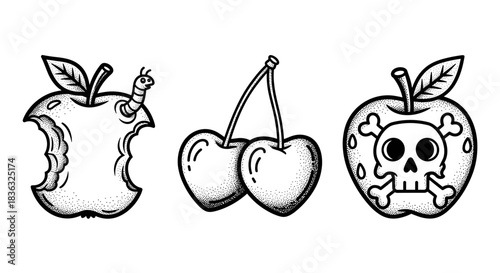 Three stylized fruits with a worm an apple with a skull and cherries.