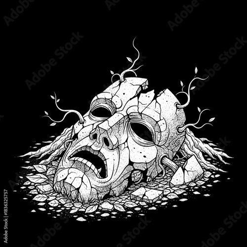 Ancient Broken Stone Mask with Growing Plants and Roots.