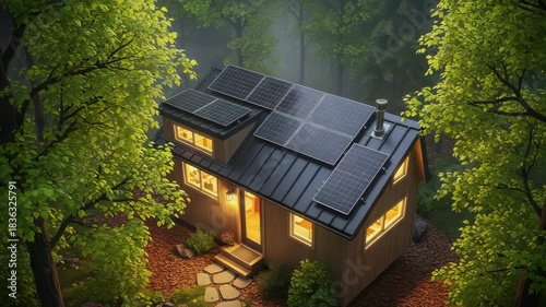 A cozy cabin nestled in the woods with solar panels on the roof for sustainable living