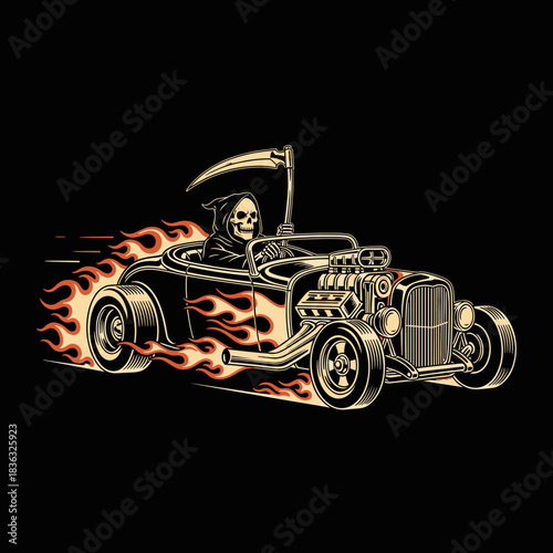 Grim Reaper driving a flaming hot rod car.