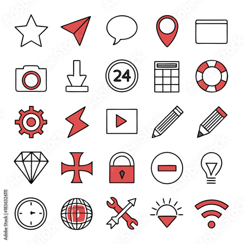 Collection of twenty five different line icons with red accents representing various functions and symbols
