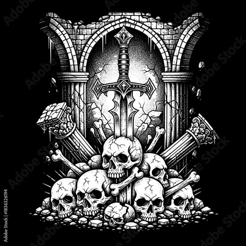 A collection of human skulls and bones surrounding a large sword.