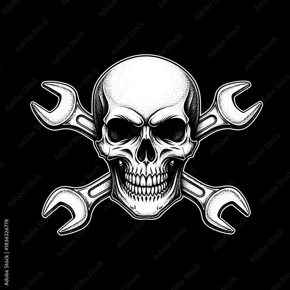 Fototapeta premium Skull and Crossed Wrenches Illustration on Black Background.