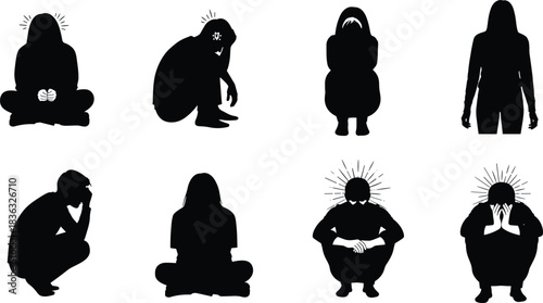 Mental health silhouettes, emotional distress, anxiety posture, stress expression, depression awareness, intense thought, seate