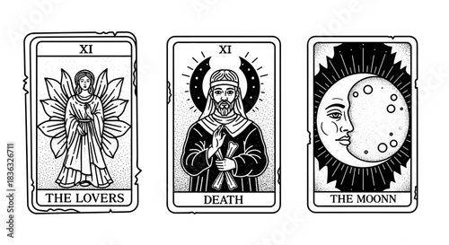 Tarot cards illustration showing the Lovers Death and The Moon.