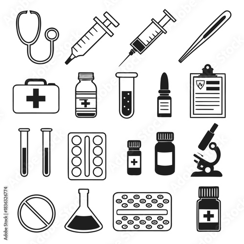 Collection of medical equipment and supplies including stethoscope syringes and various medications shown
