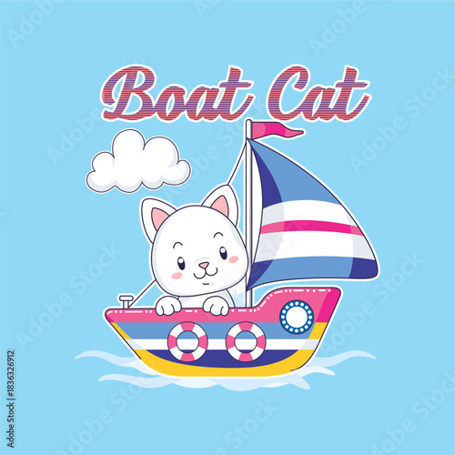 Boat cat - Girl t-shirt vector illustration design