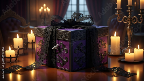 Ornate gift box surrounded by candles in a dark romantic setting