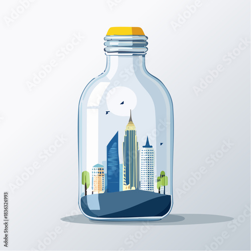 Conceptual illustration of a futuristic miniature city with modern skyscrapers and a green ecosystem preserved inside a glass lightbulb bottle