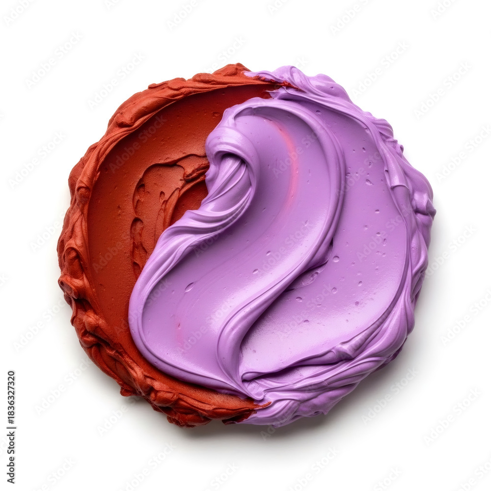 Fototapeta premium Swirl of two cosmetic cream textures, purple and brown, on clear surface for beauty product display and makeup art.