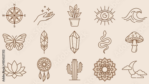 Mystical Nature Line-Art Icon Set Featuring Crystals, Snakes, Mushrooms, and Mandalas – Ideal for Mindfulness Branding, Spiritual Journaling, and Decorative Accents in Layouts, Campaigns, and Creative