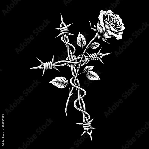 Barbed wire cross entwined with a single rose and leaves.
