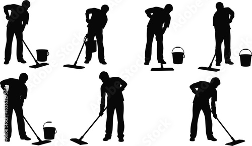 Mopping silhouette sequence, cleaning technique, janitorial action, bucket interaction, sanitation routine, floor care, hygiene posture, domestic chore, maintenance icon
