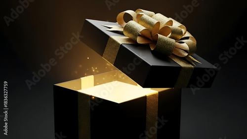 Open gift box with golden ribbon and glowing light emanating from inside