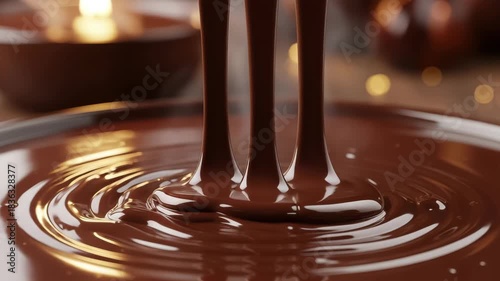 A luscious cascade of molten chocolate being poured, creating mesmerizing ripples and a decadent, smooth texture
