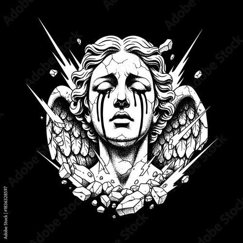 Melancholy Angelic Sculpture Crying Tears of Sorrow and Pain.
