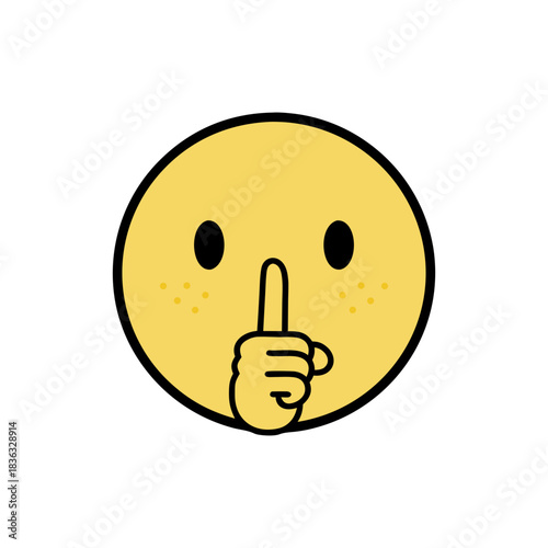 Yellow emoji face with eyes closed and squiggly mouth making a shushing gesture flat vector art sticker style clean design