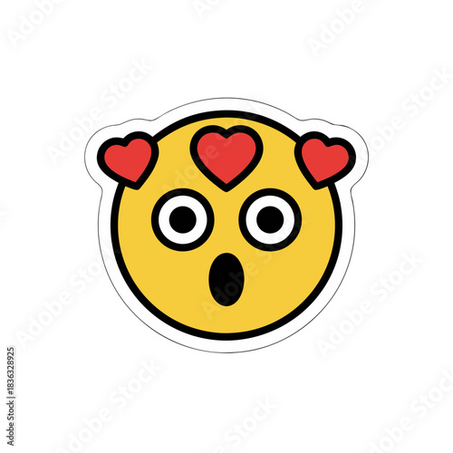 Yellow Emoji Face With Hearts Floating Around Head Showing Surprise and Love Vector Art With White Outline And Black Background Flat Design
