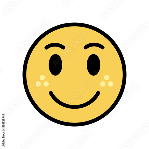 Yellow emoji face with round glasses black mustache and freckles on cheeks expressing concern with a subtle smile against a black background minimalist flat vector art