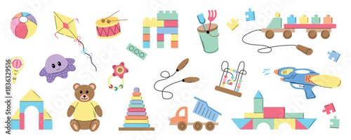 Collection of children's toys, including a beach ball, kite, drum, building blocks, bucket and spade, plush teddy bear, rattle, stacking rings, toy truck, abacus, jump rope, water gun.