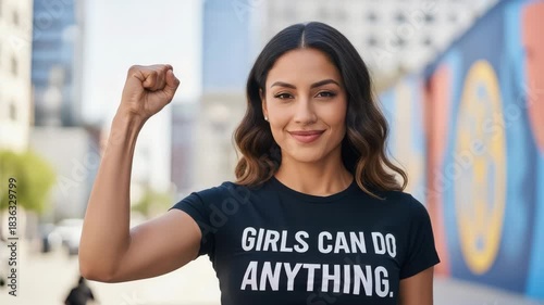 Empowered woman raising her fist in solidarity, wearing a tshirt with the message girls can do anything
