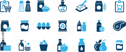 Grocery and household items blue vector icons set. shopping list, food products, cleaning supplies, and kitchen essentials collection.