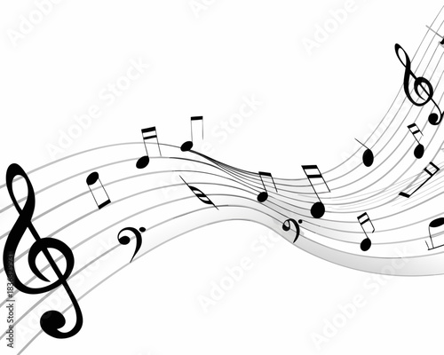 Elegant musical notes and swirling staff lines create a flowing melody